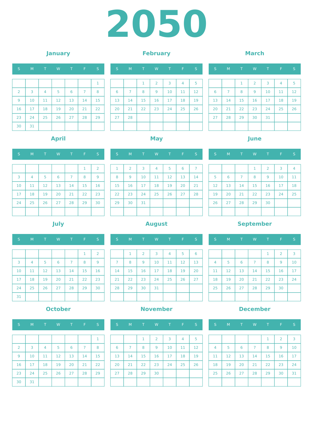 Printable 2050 Year Calendars verdigris