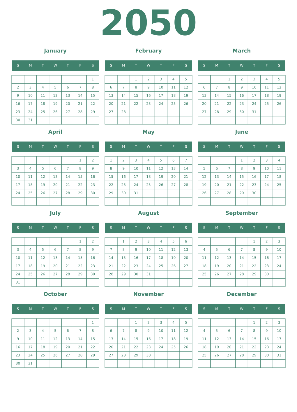 Printable 2050 Year Calendars viridian