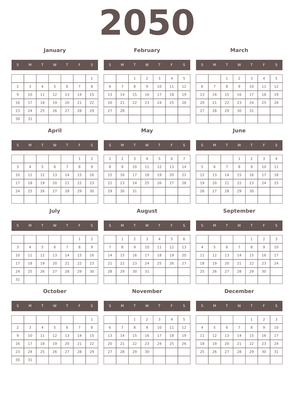 Printable 2050 Year Calendars wenge