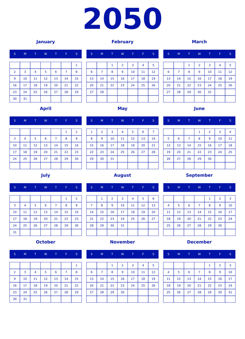 Printable 2050 Year Calendars zaffre