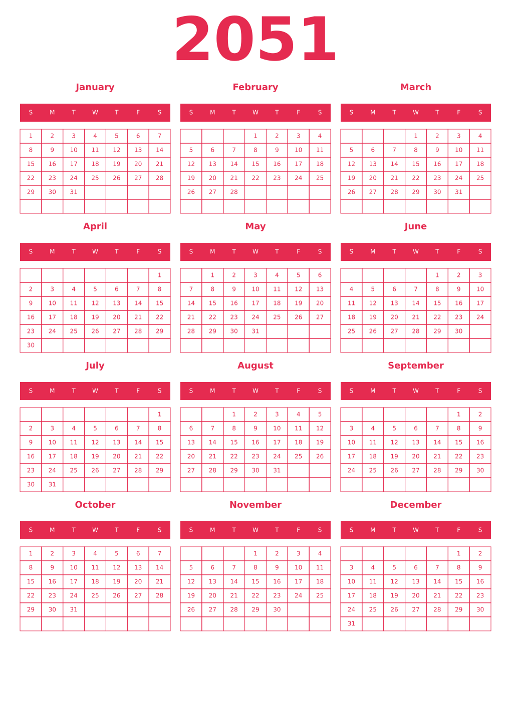 Printable 2051 Year Calendars amaranth