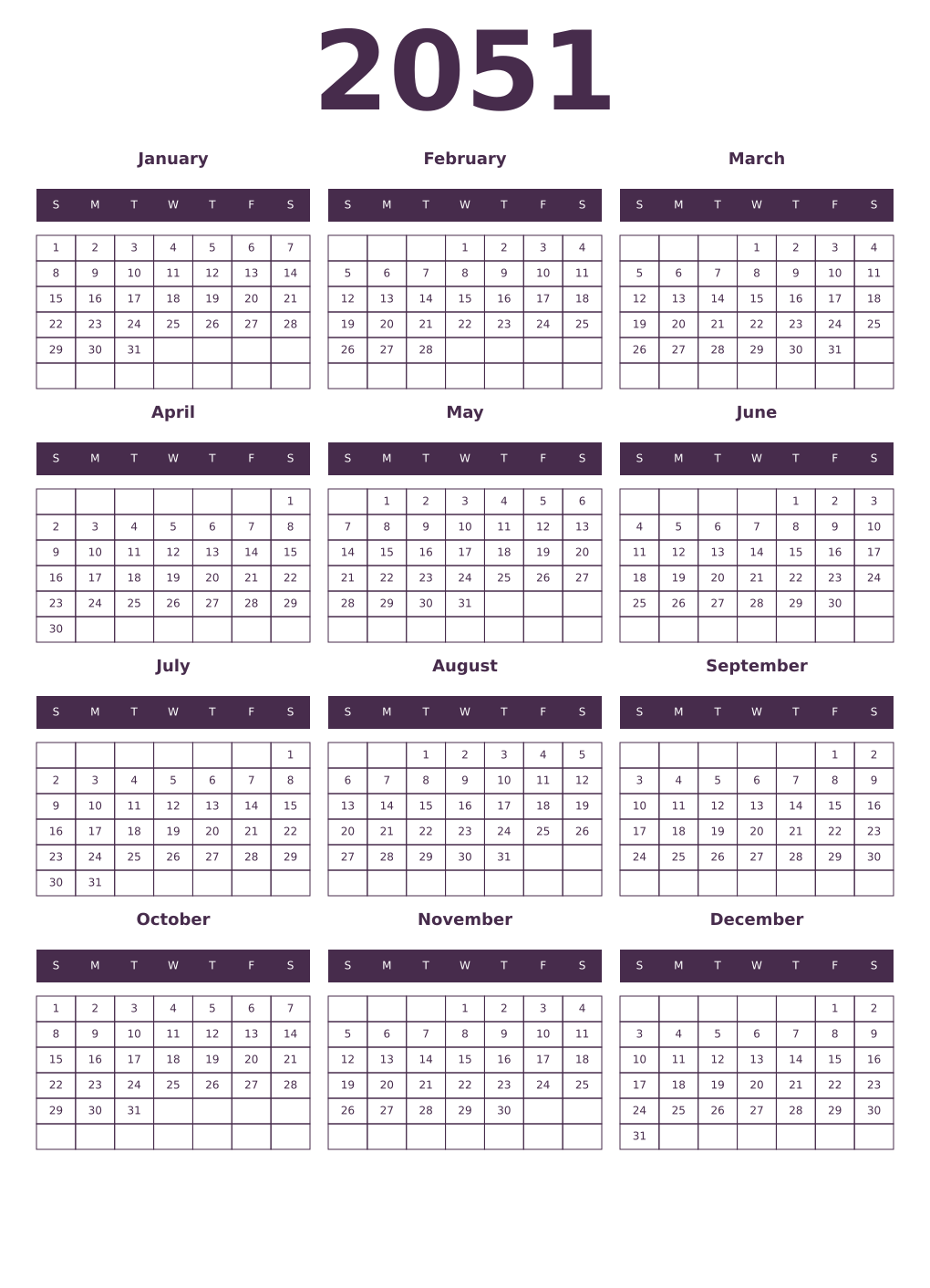 Printable 2051 Year Calendars aubergine