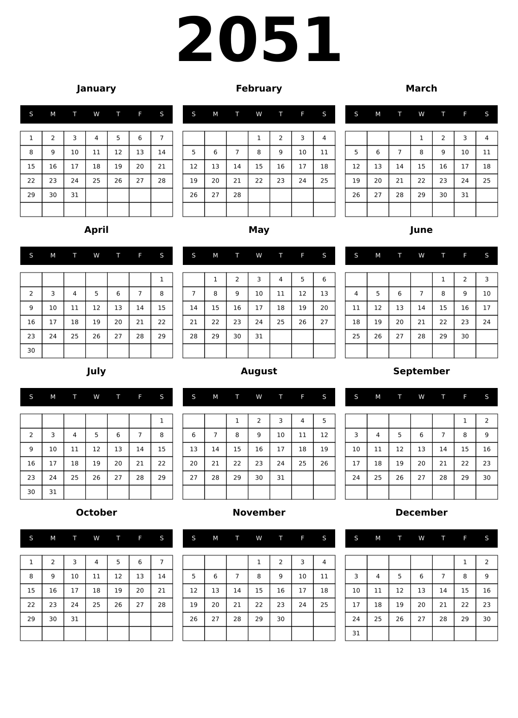 Printable 2051 Year Calendars black