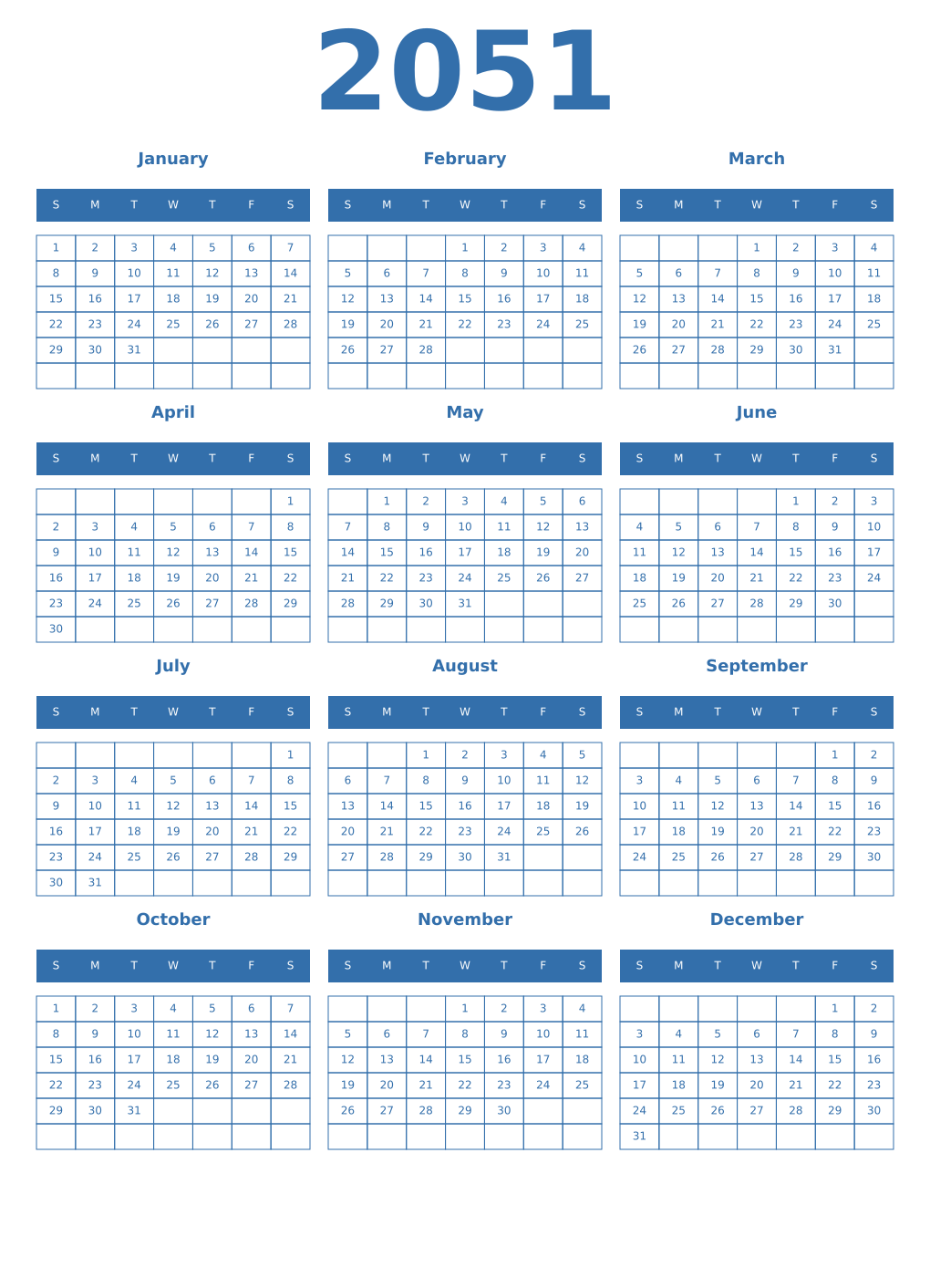 Printable 2051 Year Calendars blue