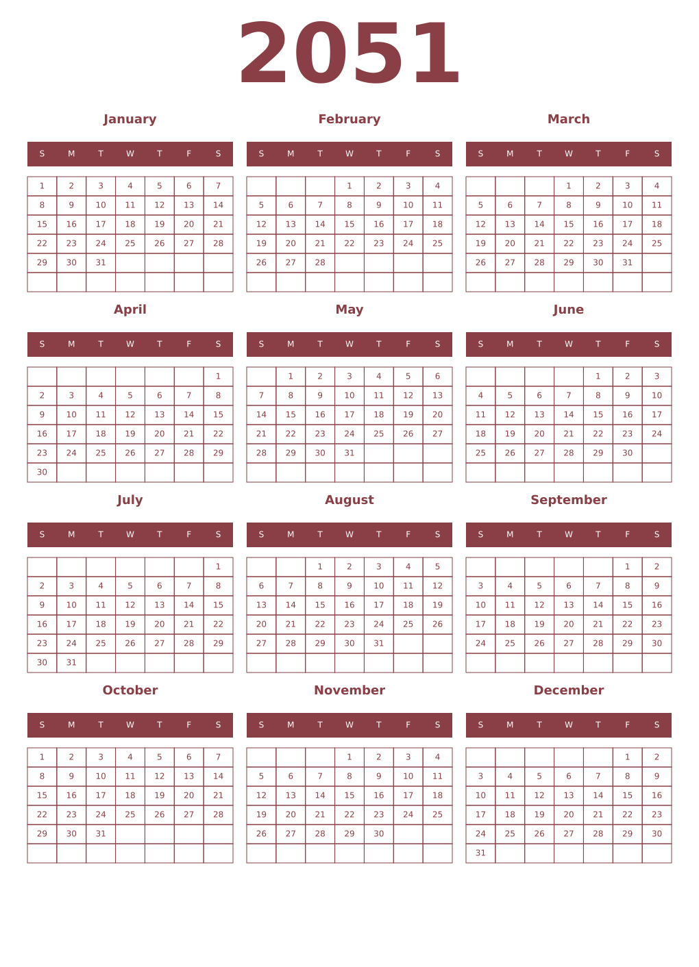 Printable 2051 Year Calendars cordovan