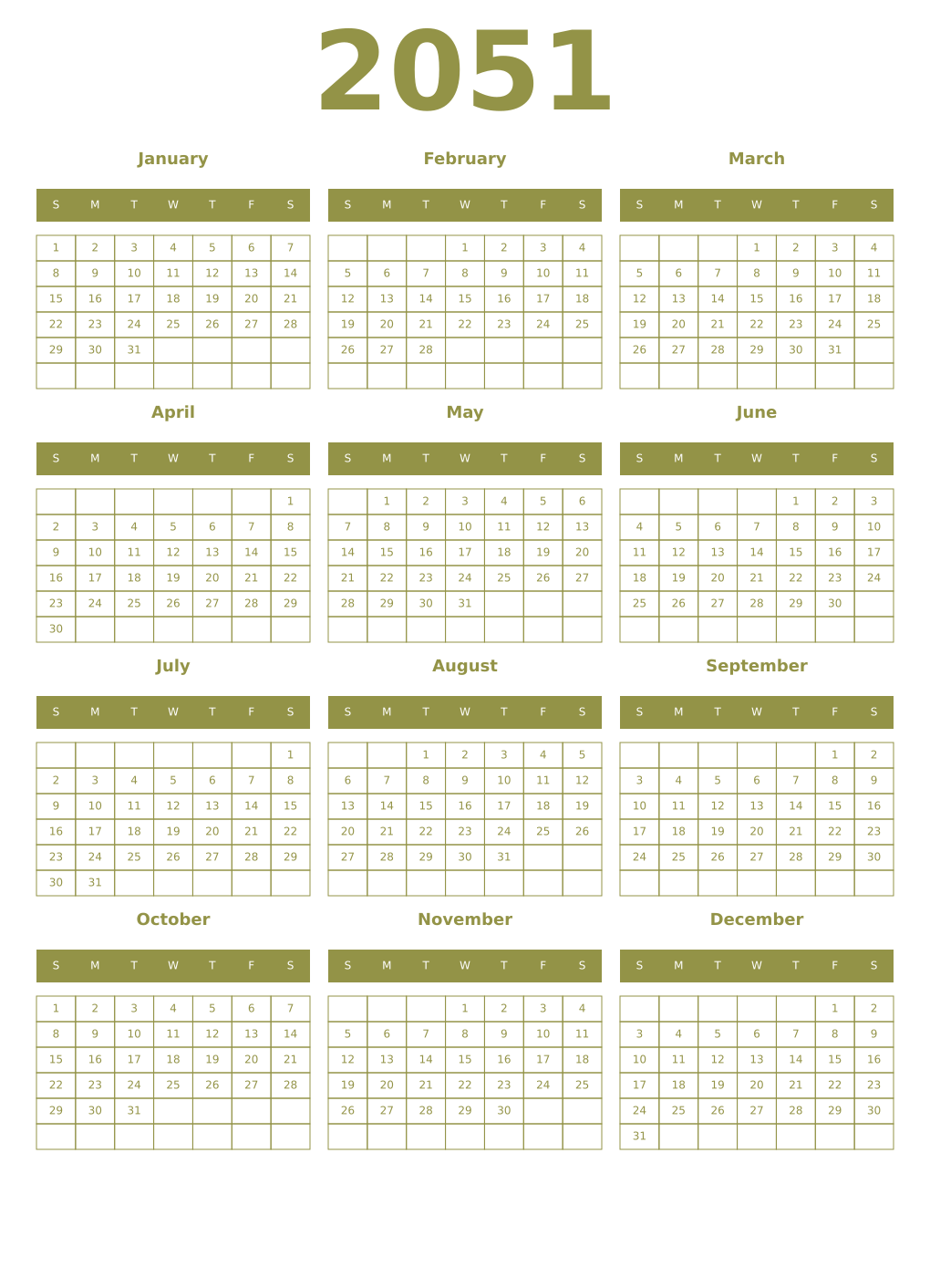 Printable 2051 Year Calendars eburnean
