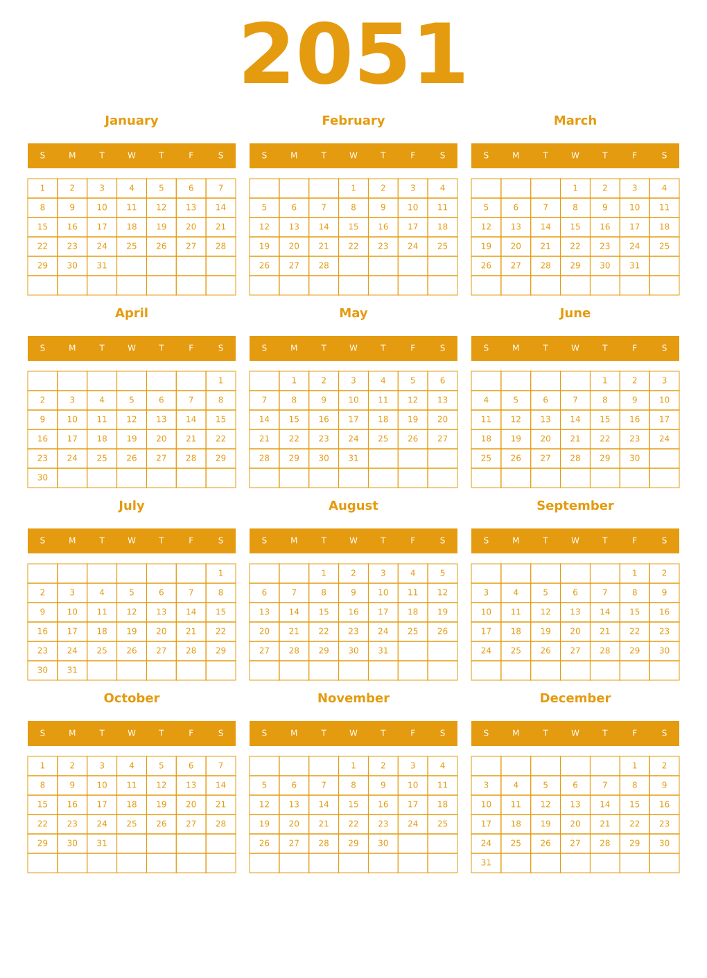Printable 2051 Year Calendars gamboge