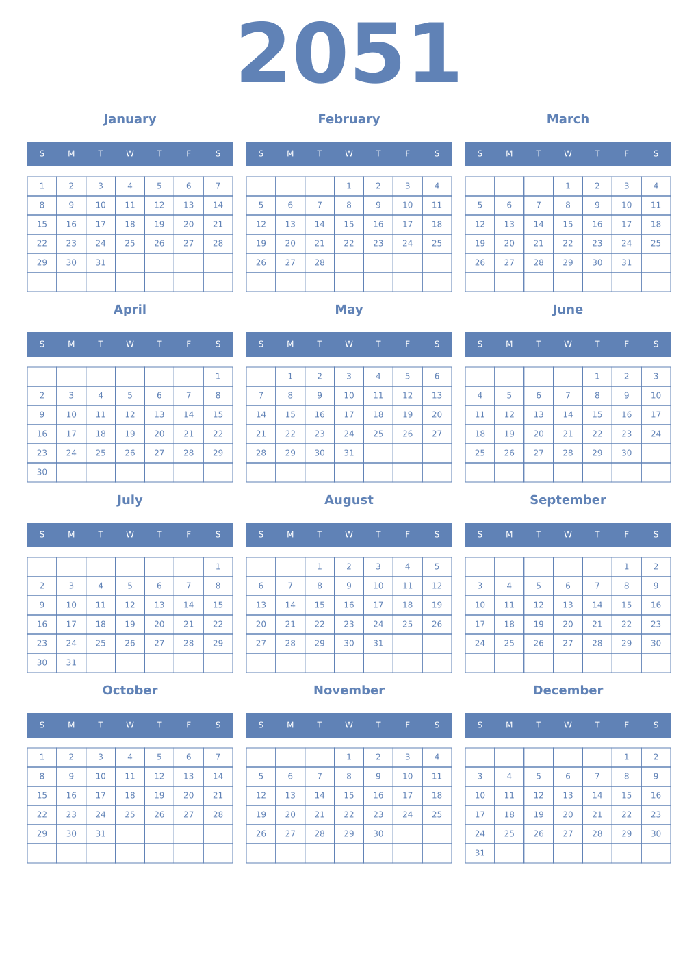Printable 2051 Year Calendars glaucous
