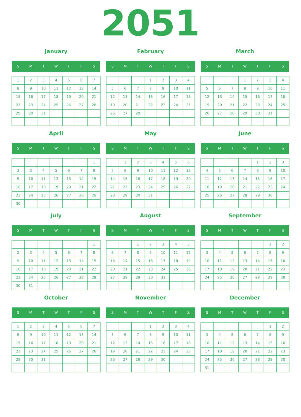 Printable 2051 Year Calendars green