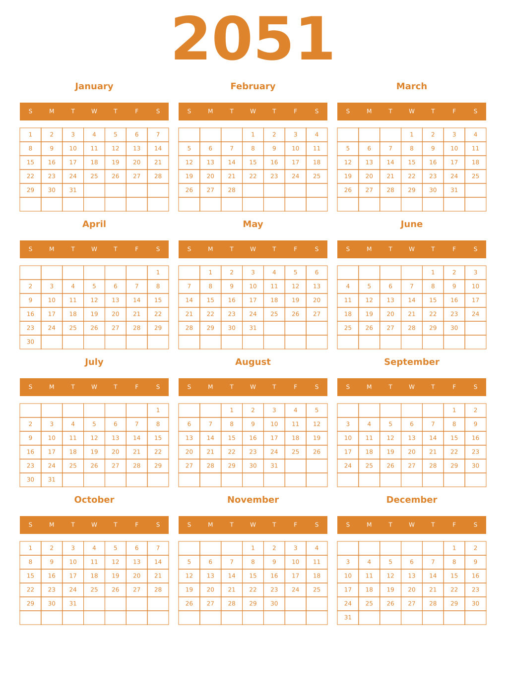 Printable 2051 Year Calendars orange