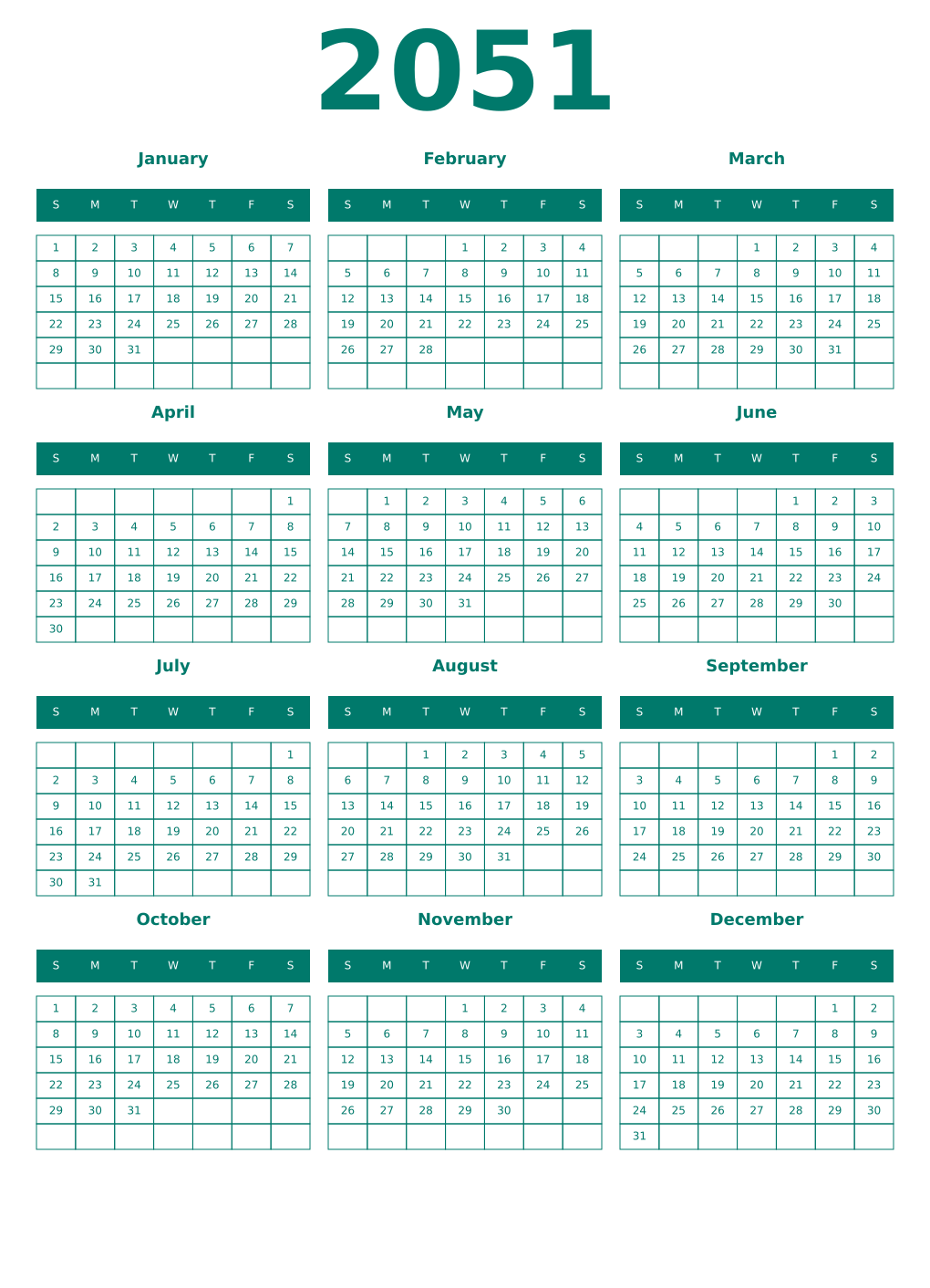 Printable 2051 Year Calendars pastel