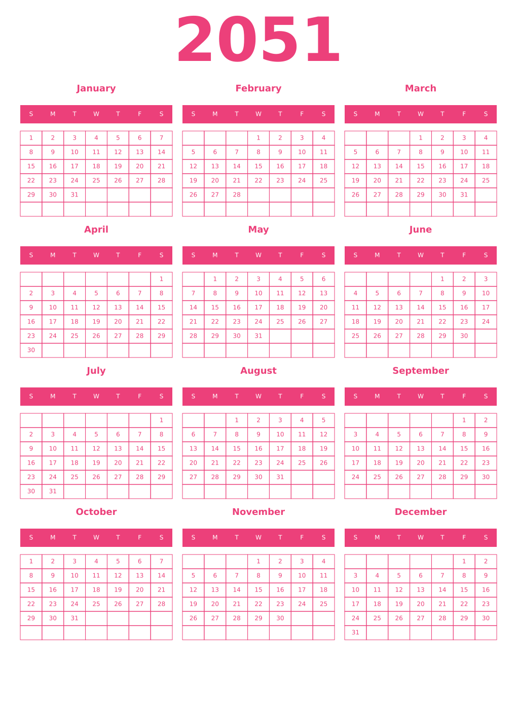 Printable 2051 Year Calendars pink