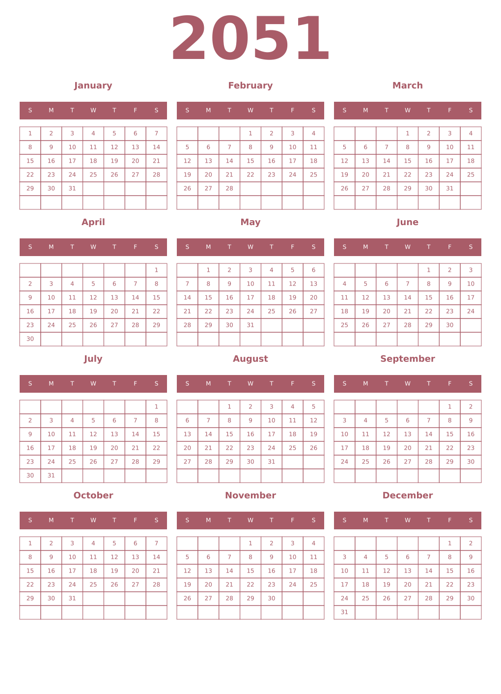 Printable 2051 Year Calendars puce