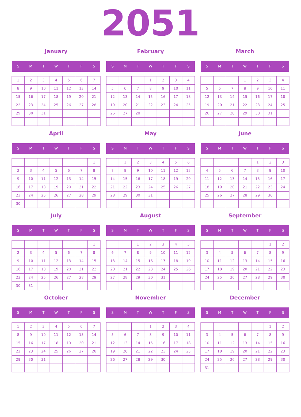 Printable 2051 Year Calendars purple
