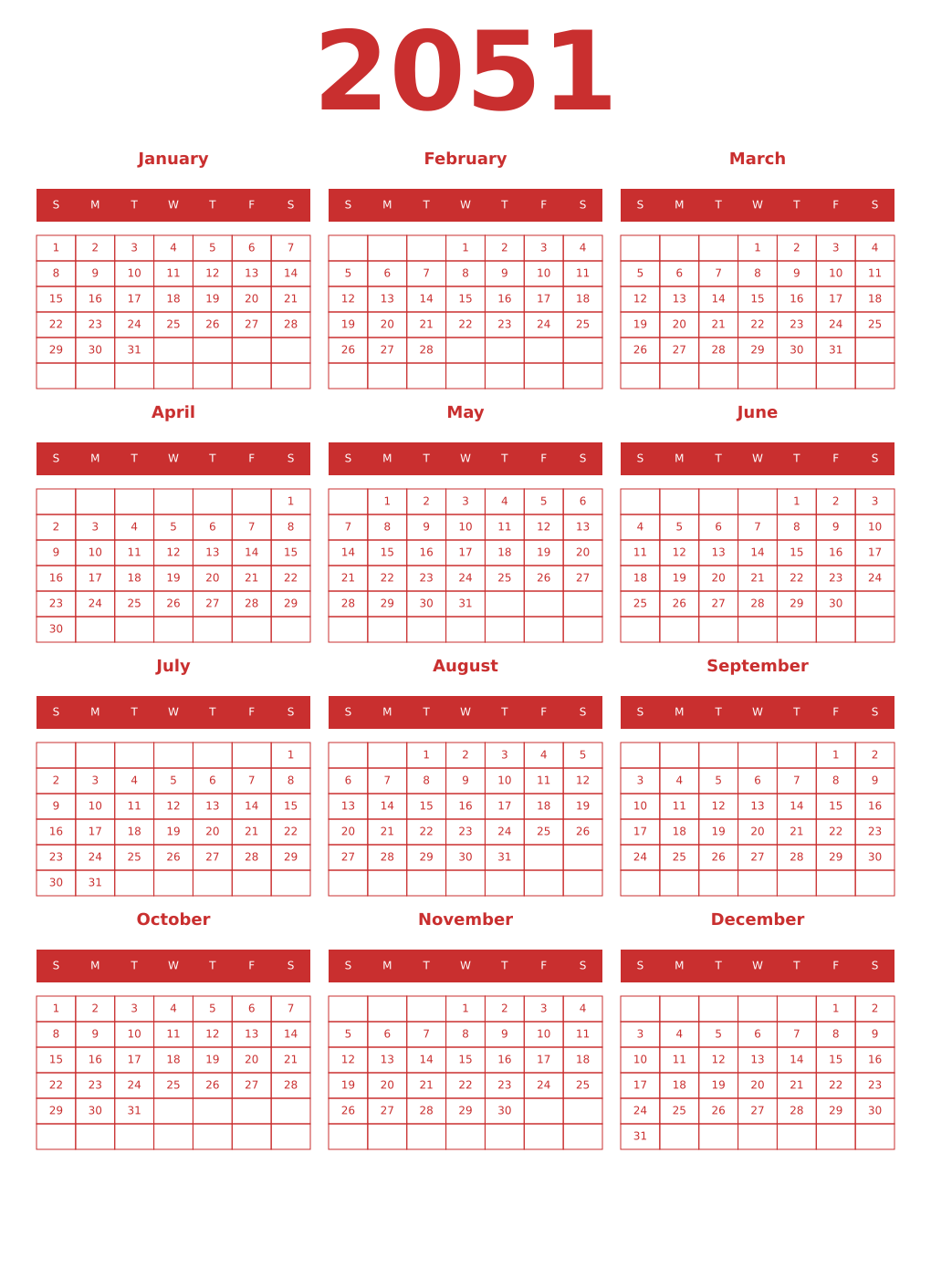 Printable 2051 Year Calendars red