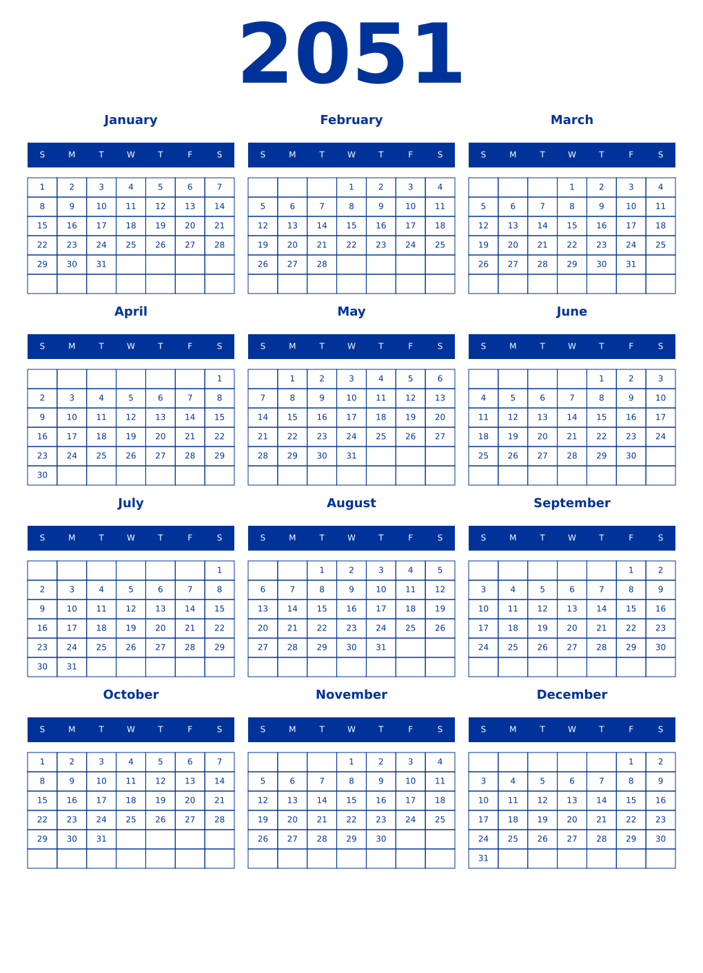 Printable 2051 Year Calendars smalt