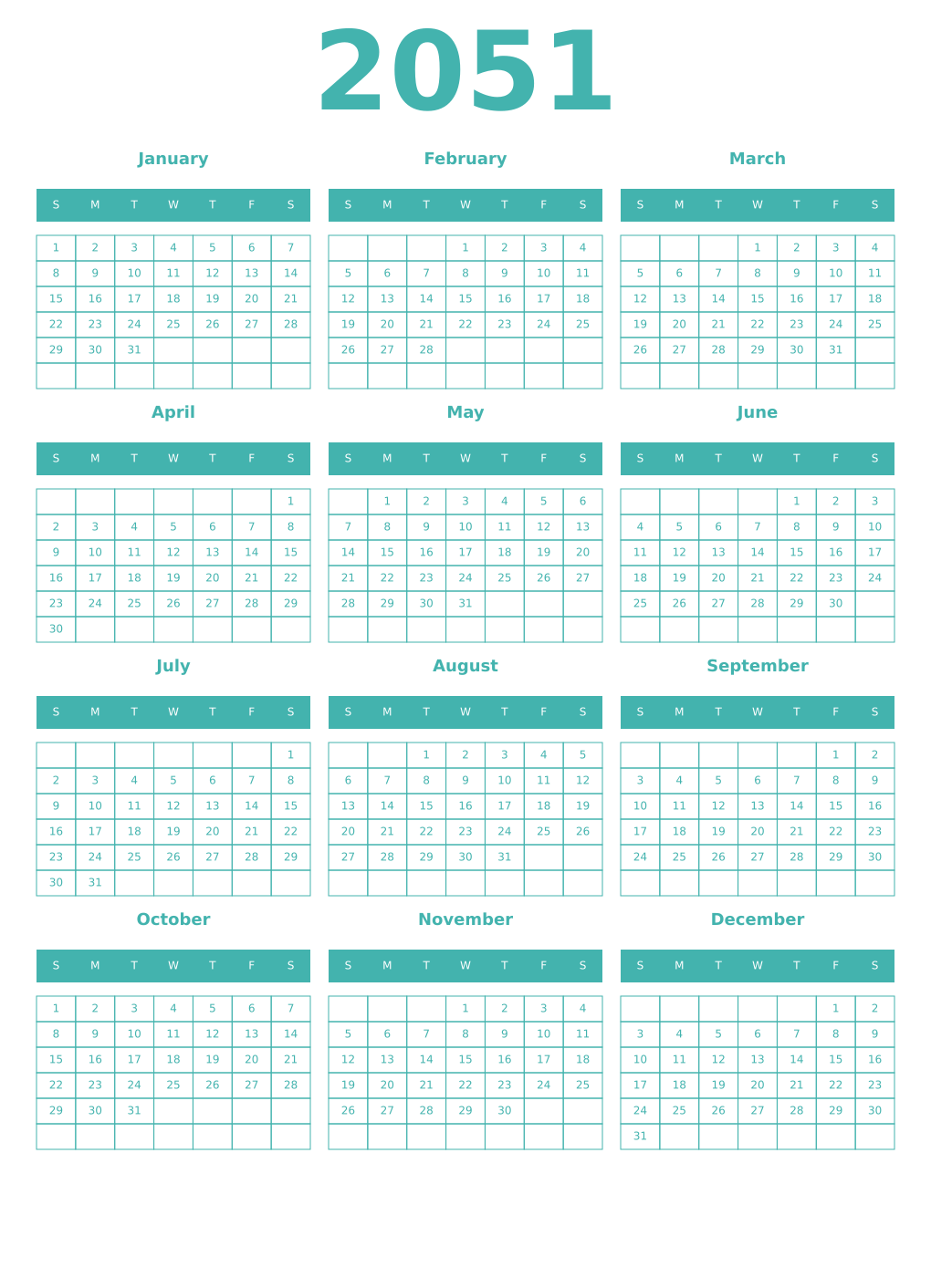 Printable 2051 Year Calendars verdigris