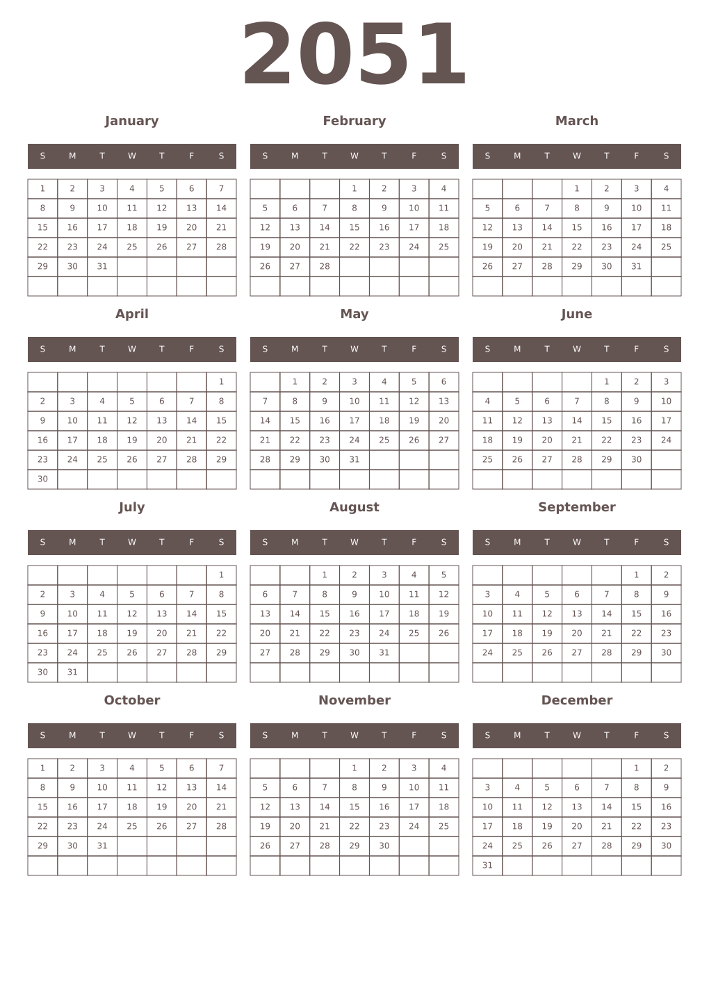 Printable 2051 Year Calendars wenge