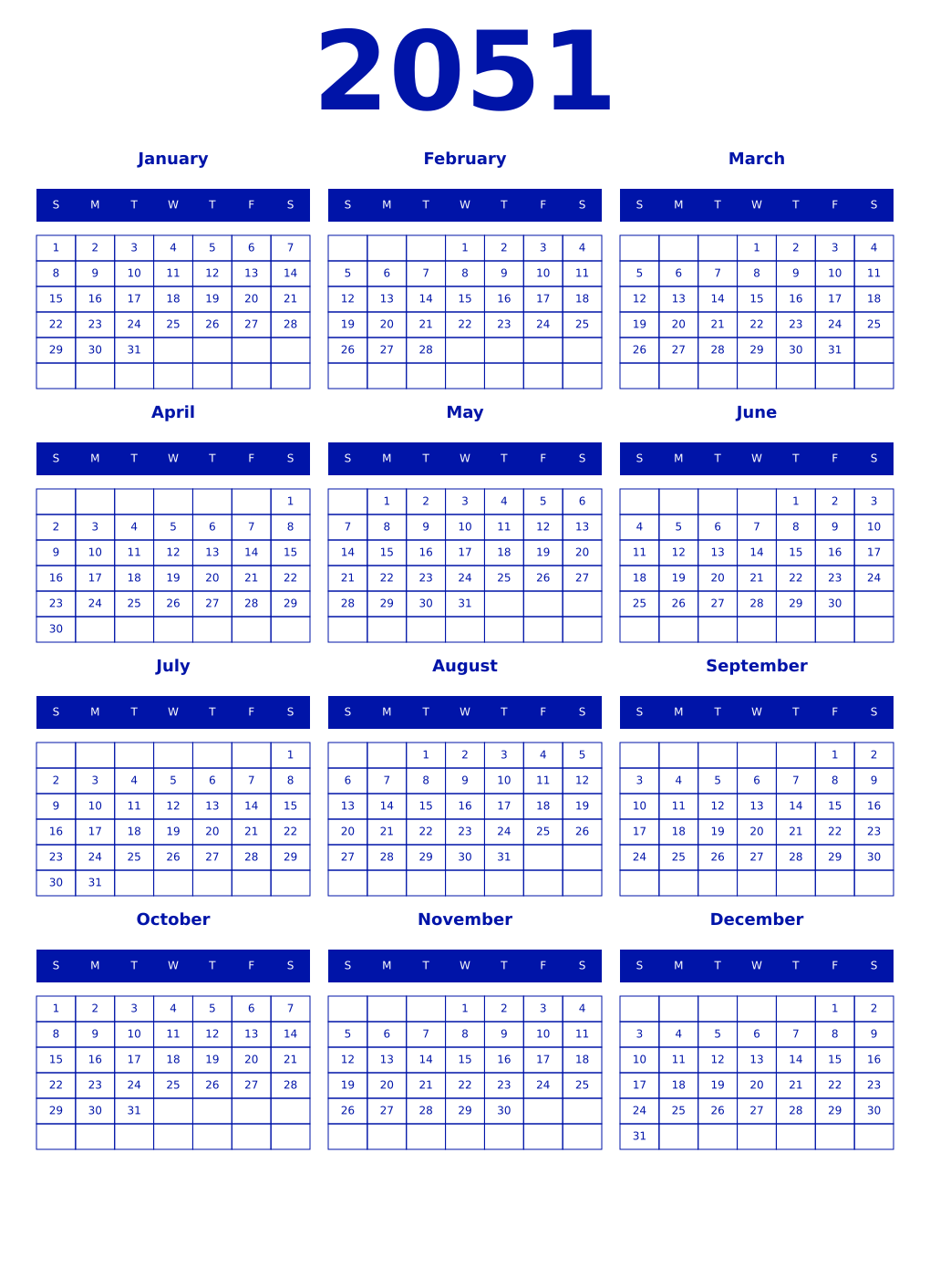 Printable 2051 Year Calendars zaffre