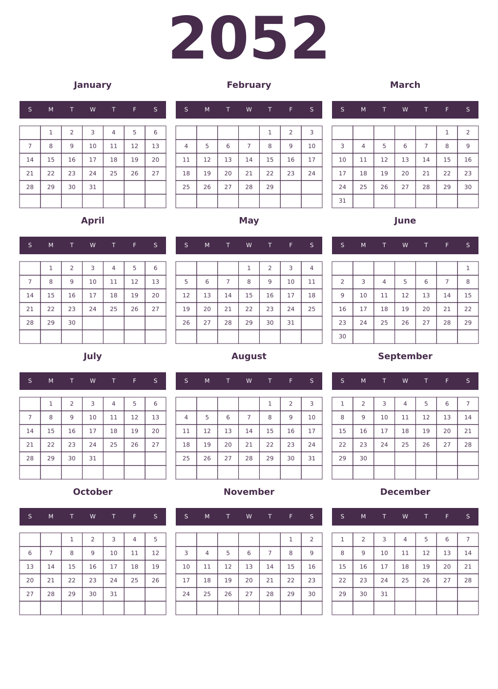Printable 2052 Year Calendars aubergine