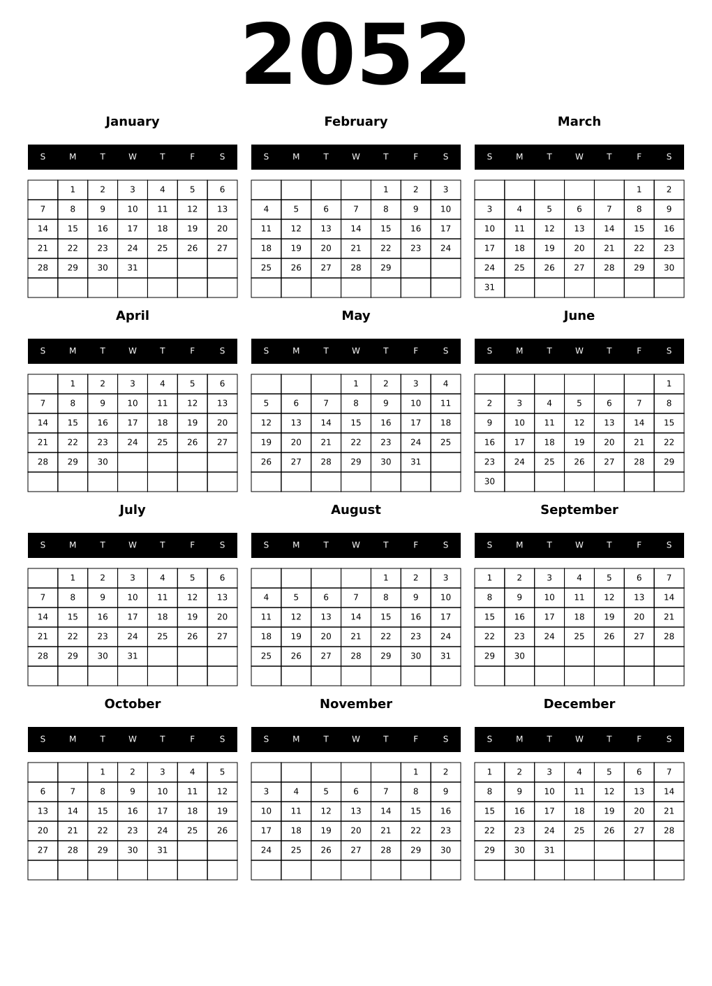 Printable 2052 Year Calendars black