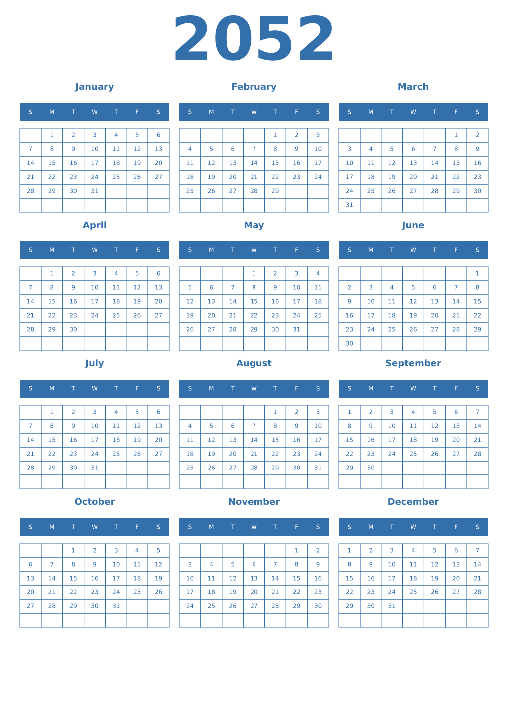 Printable 2052 Year Calendars blue