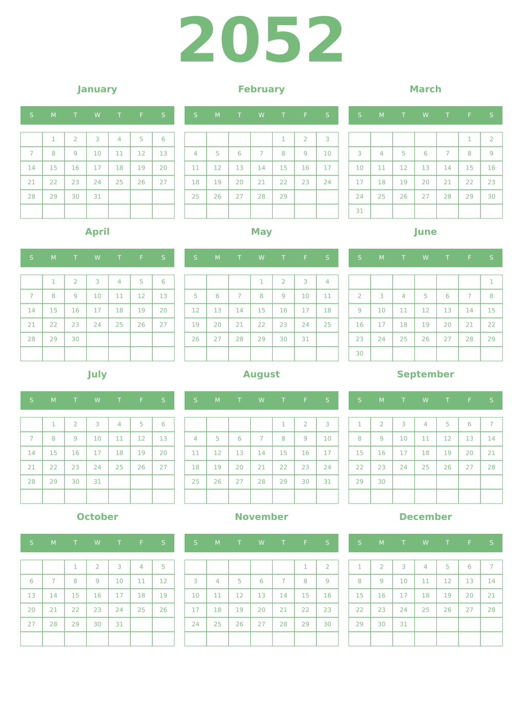 Printable 2052 Year Calendars celadon