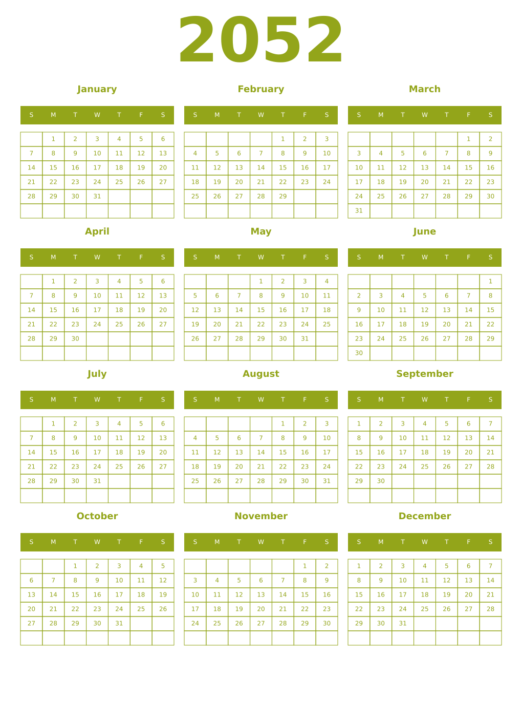Printable 2052 Year Calendars chartreuse