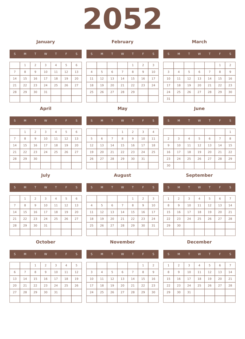 Printable 2052 Year Calendars coffe