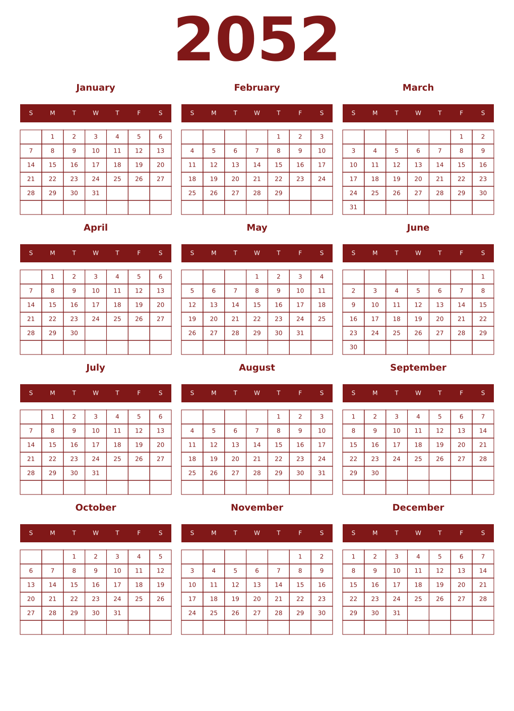 Printable 2052 Year Calendars falu