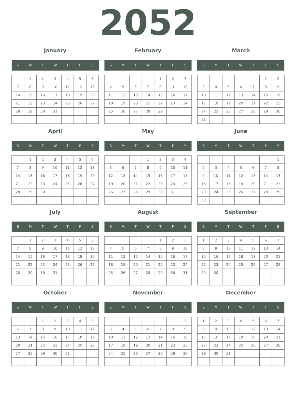 Printable 2052 Year Calendars feldgrau