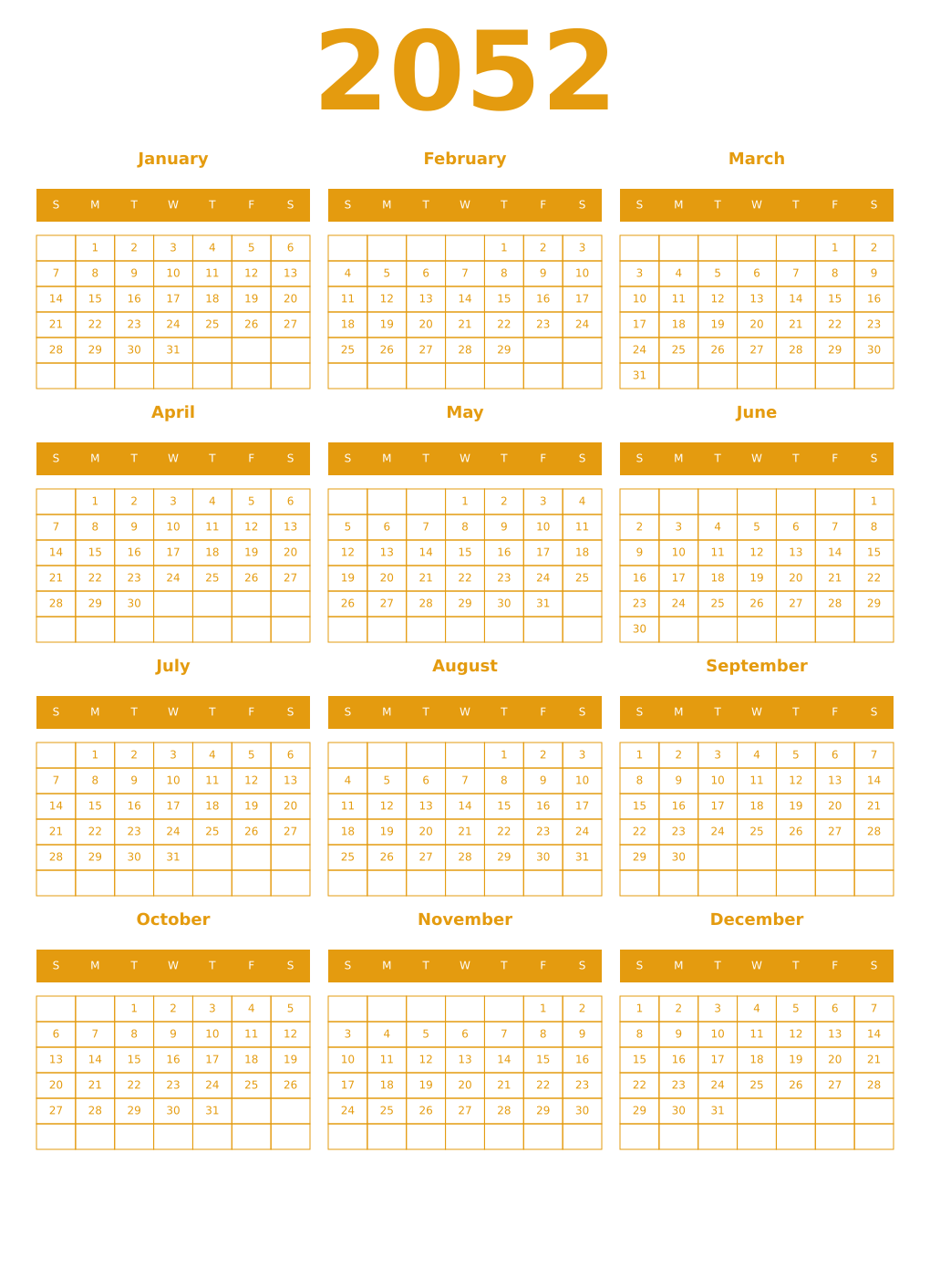 Printable 2052 Year Calendars gamboge