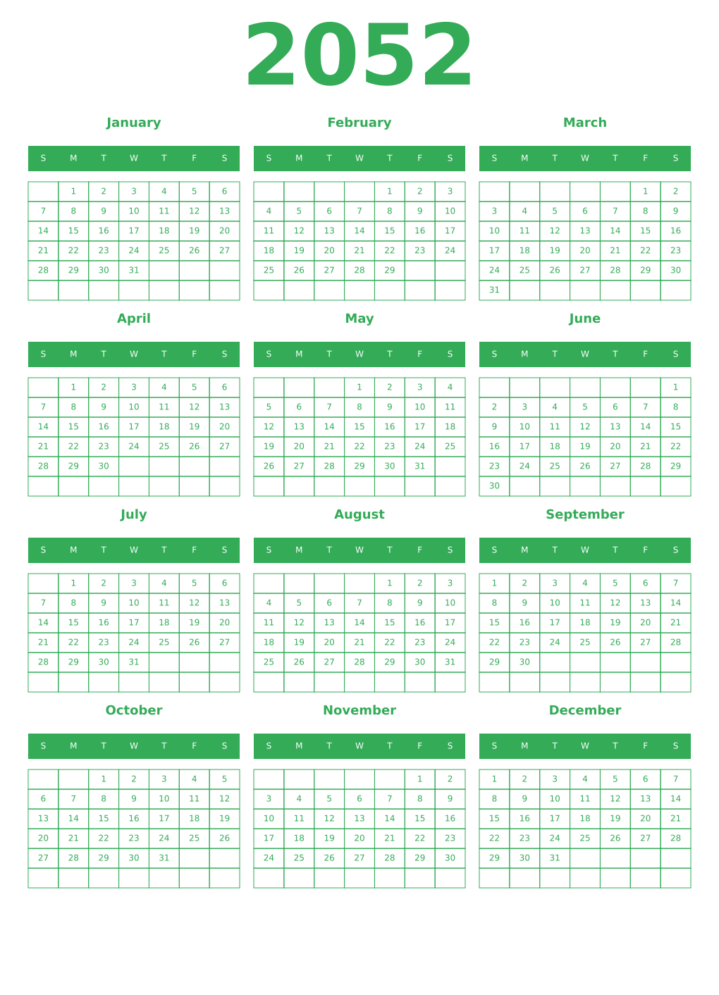 Printable 2052 Year Calendars green