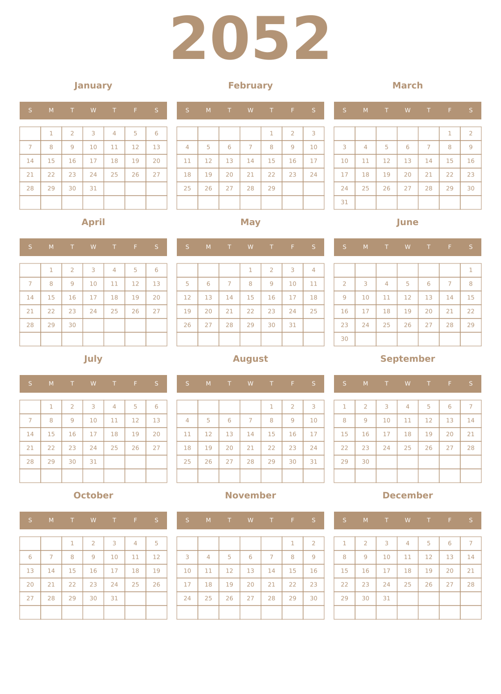 Printable 2052 Year Calendars isabelline