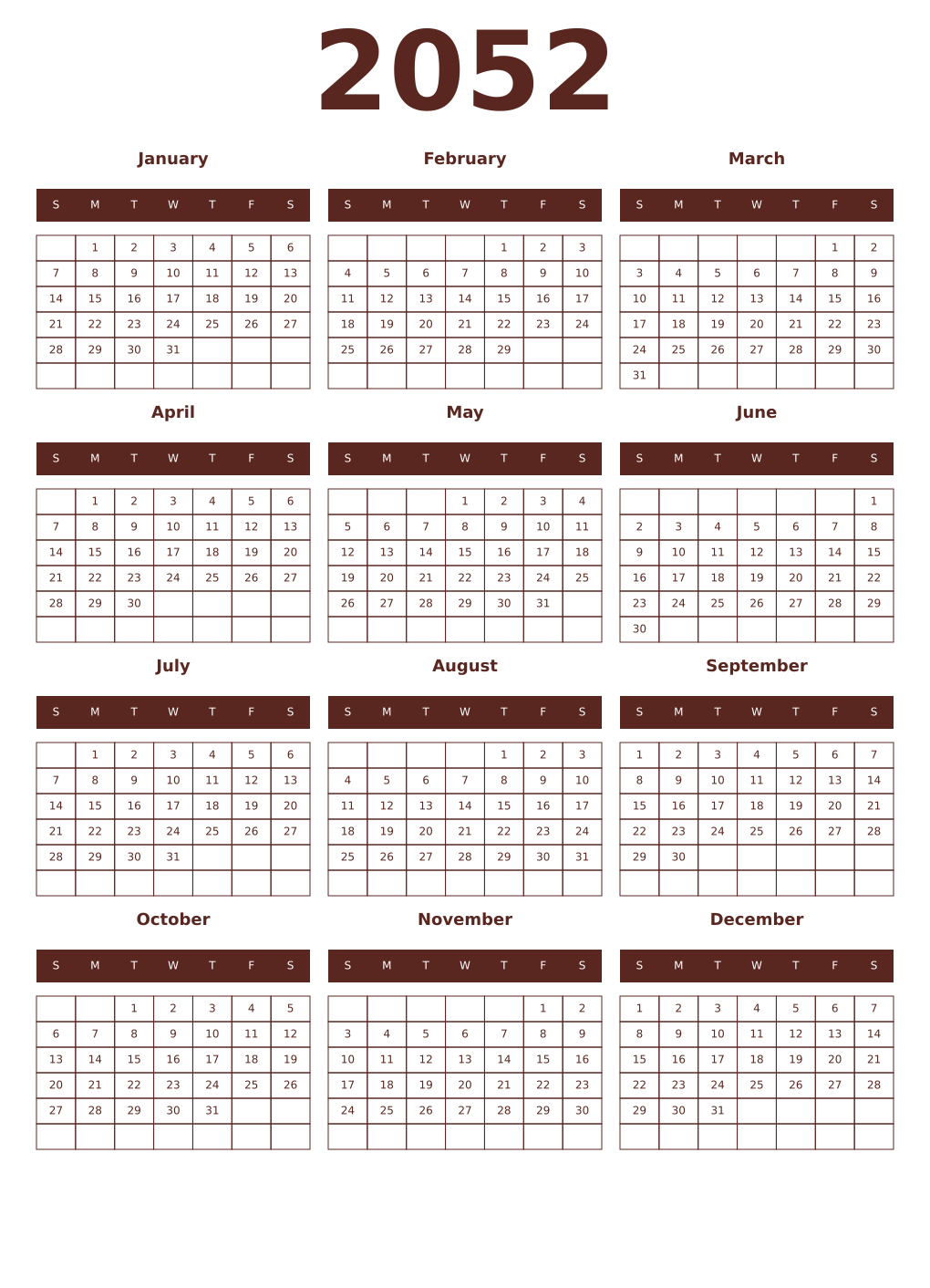 Printable 2052 Year Calendars mortuum