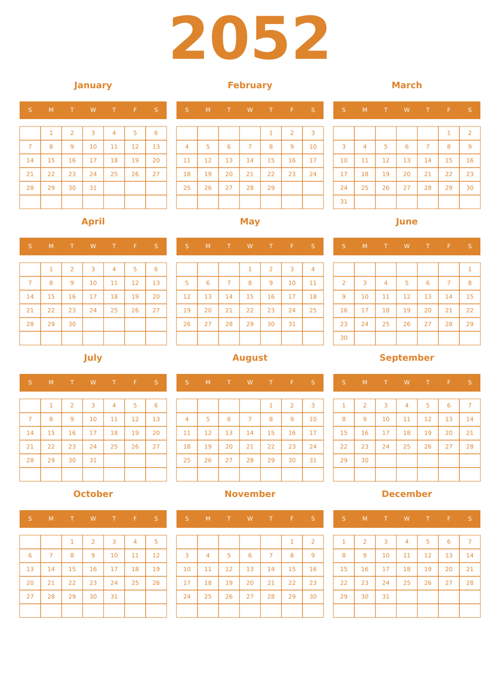 Printable 2052 Year Calendars orange