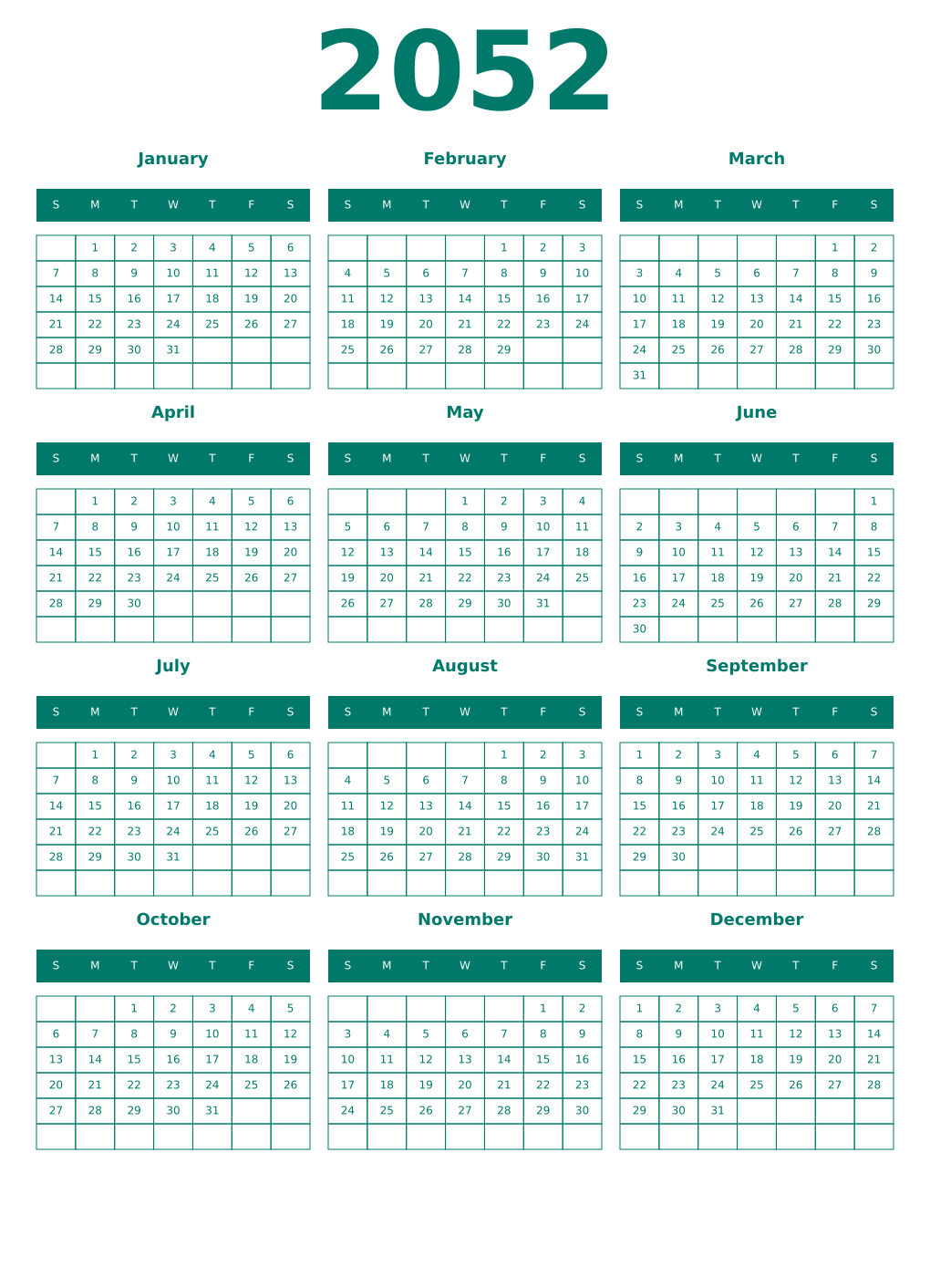 Printable 2052 Year Calendars pastel