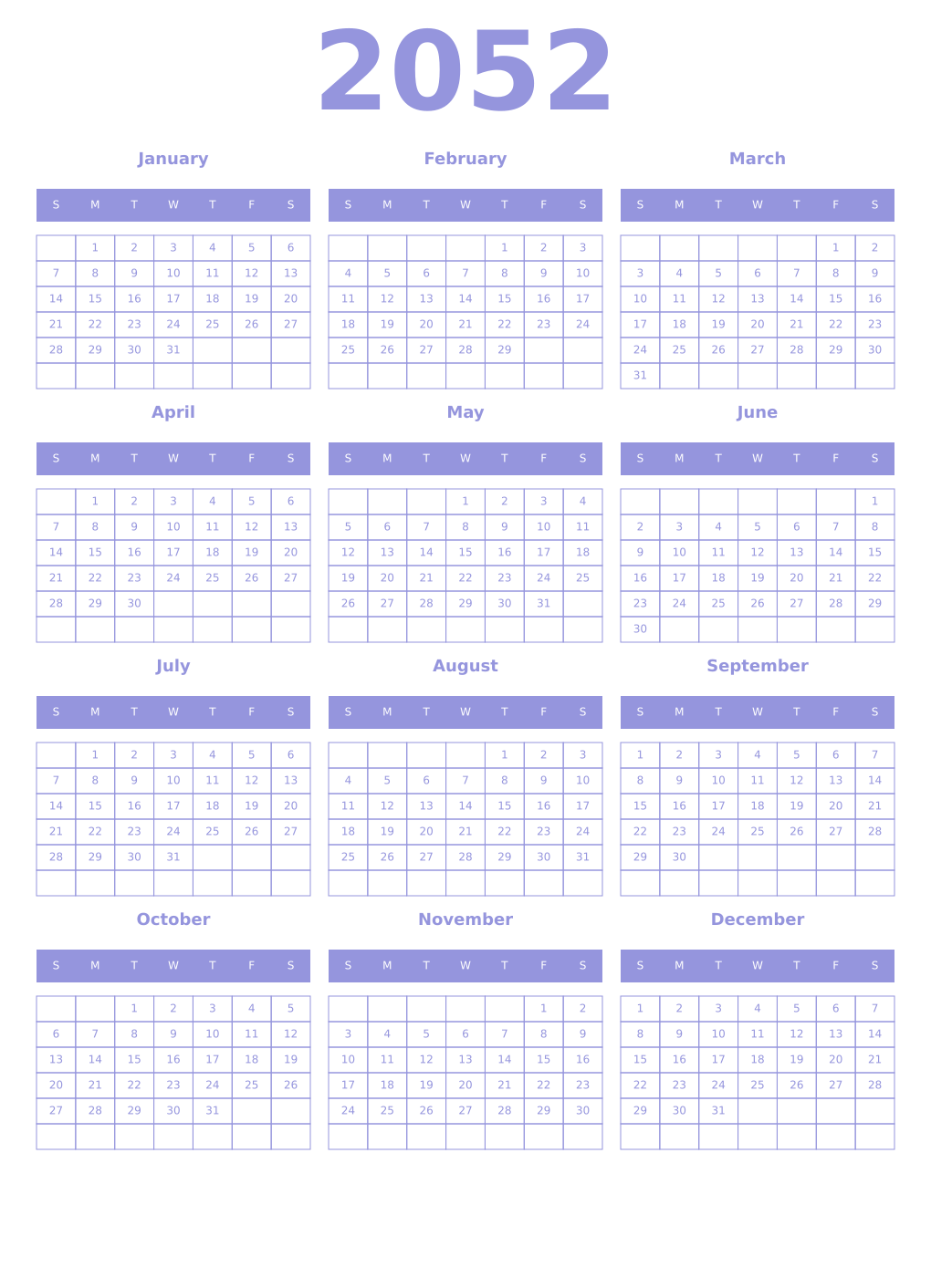Printable 2052 Year Calendars periwinkle