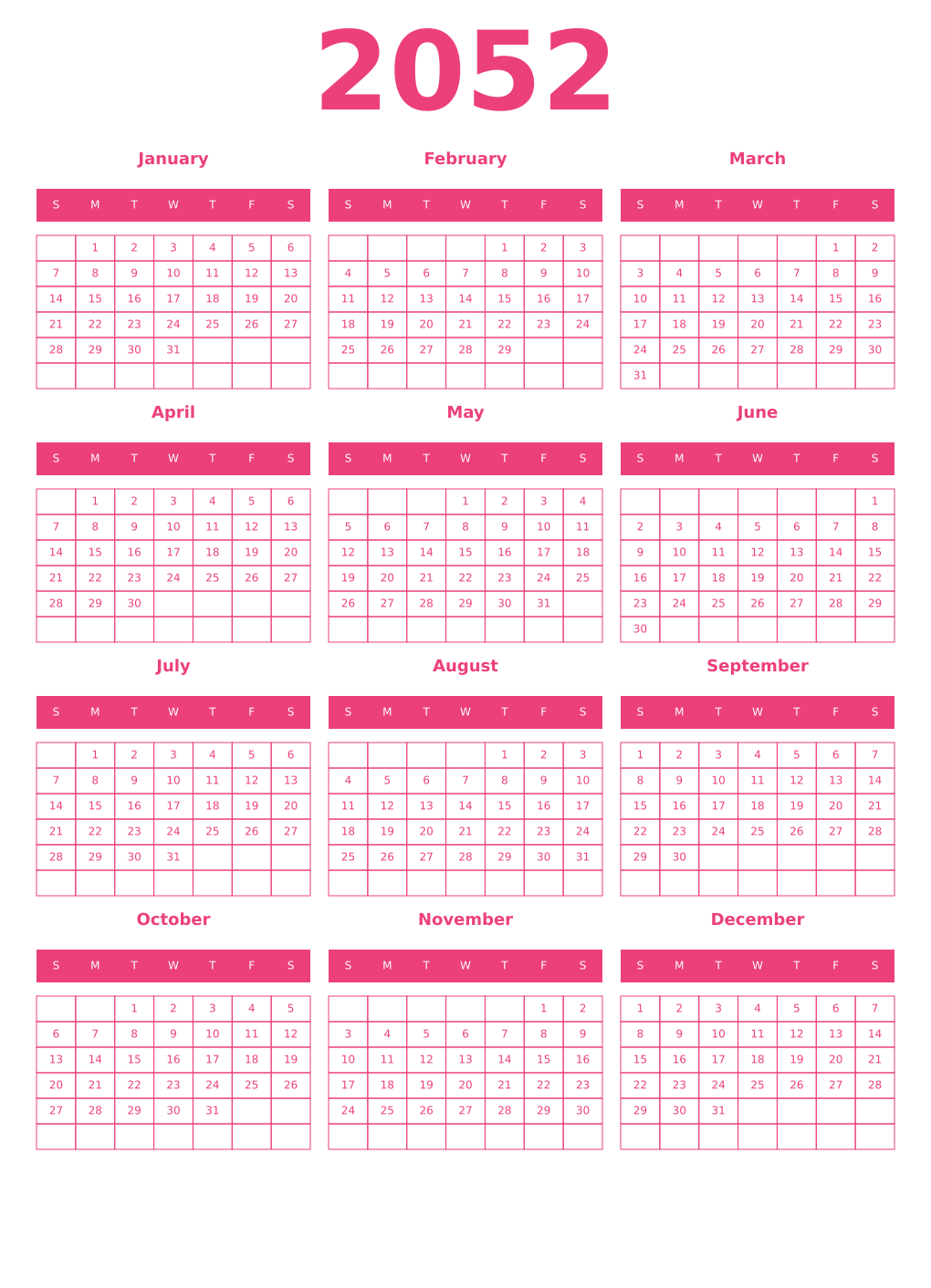 Printable 2052 Year Calendars pink