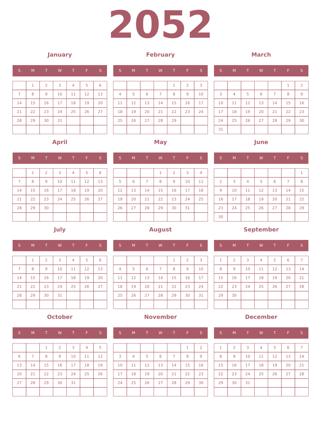 Printable 2052 Year Calendars puce