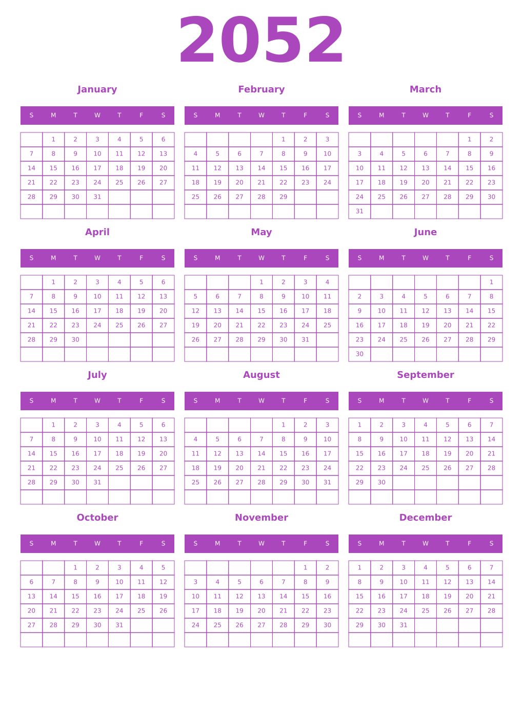 Printable 2052 Year Calendars purple