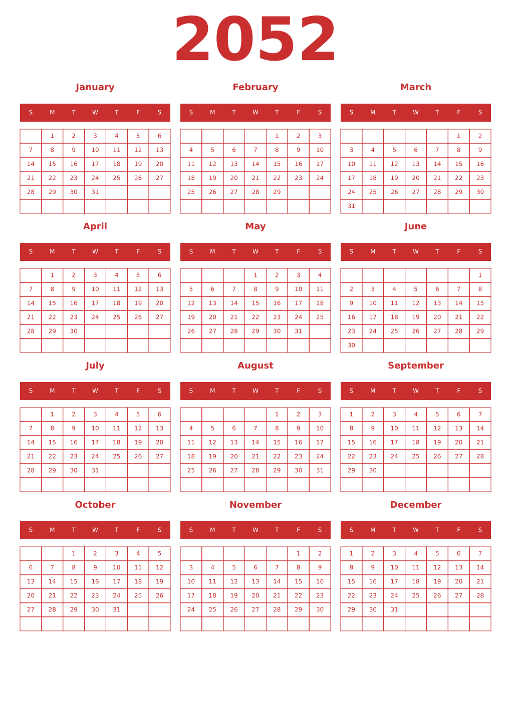 Printable 2052 Year Calendars red