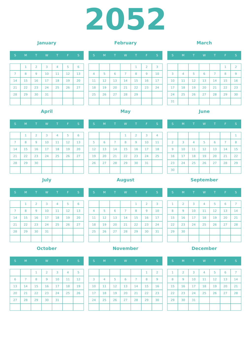 Printable 2052 Year Calendars verdigris