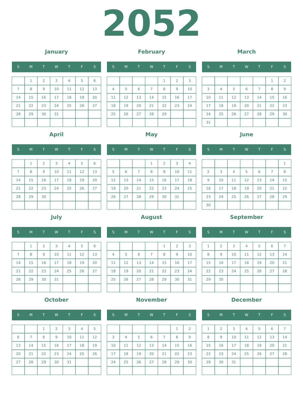 Printable 2052 Year Calendars viridian