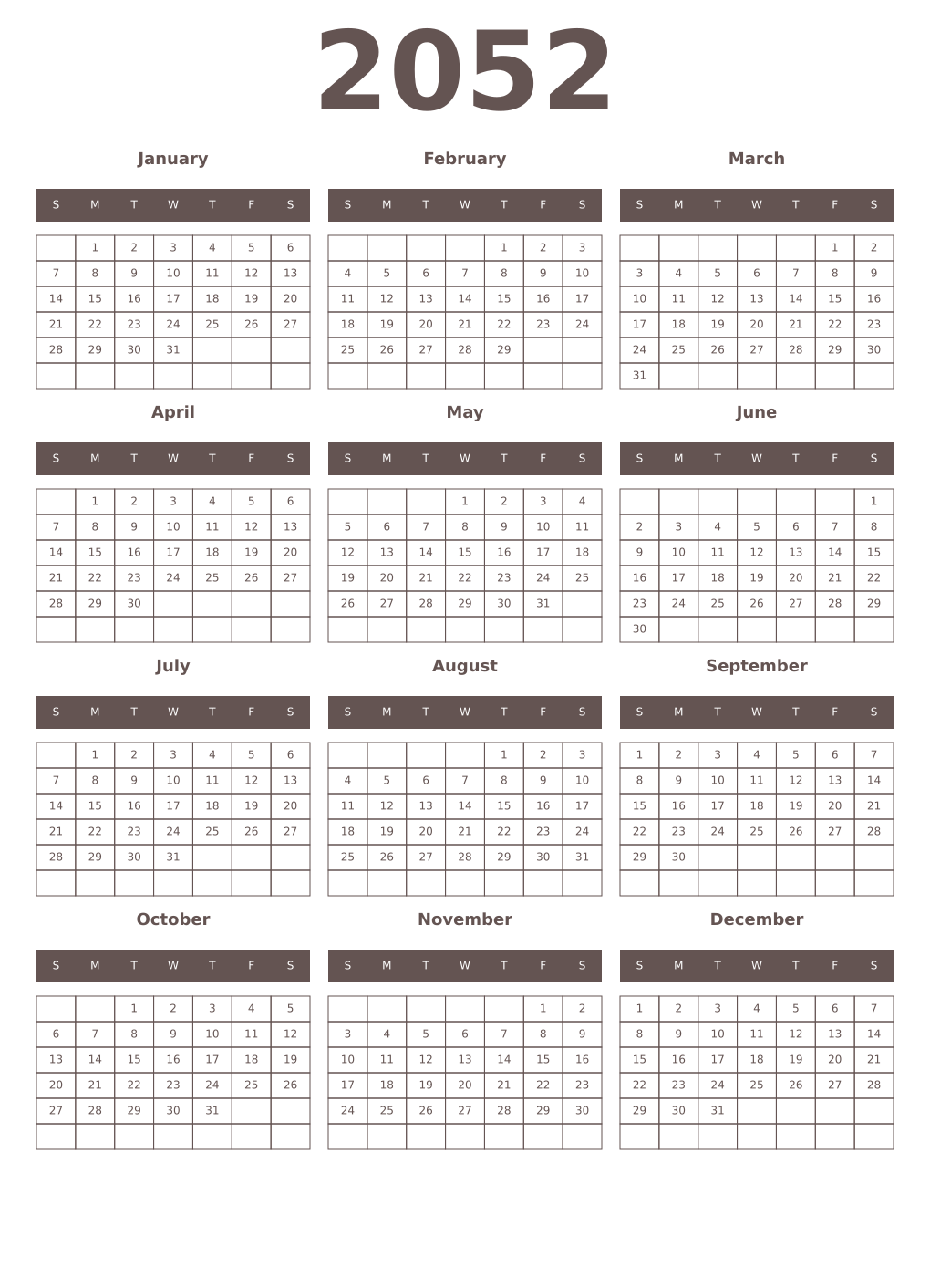 Printable 2052 Year Calendars wenge