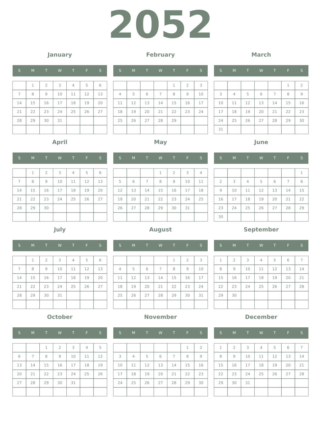 Printable 2052 Year Calendars xanadu