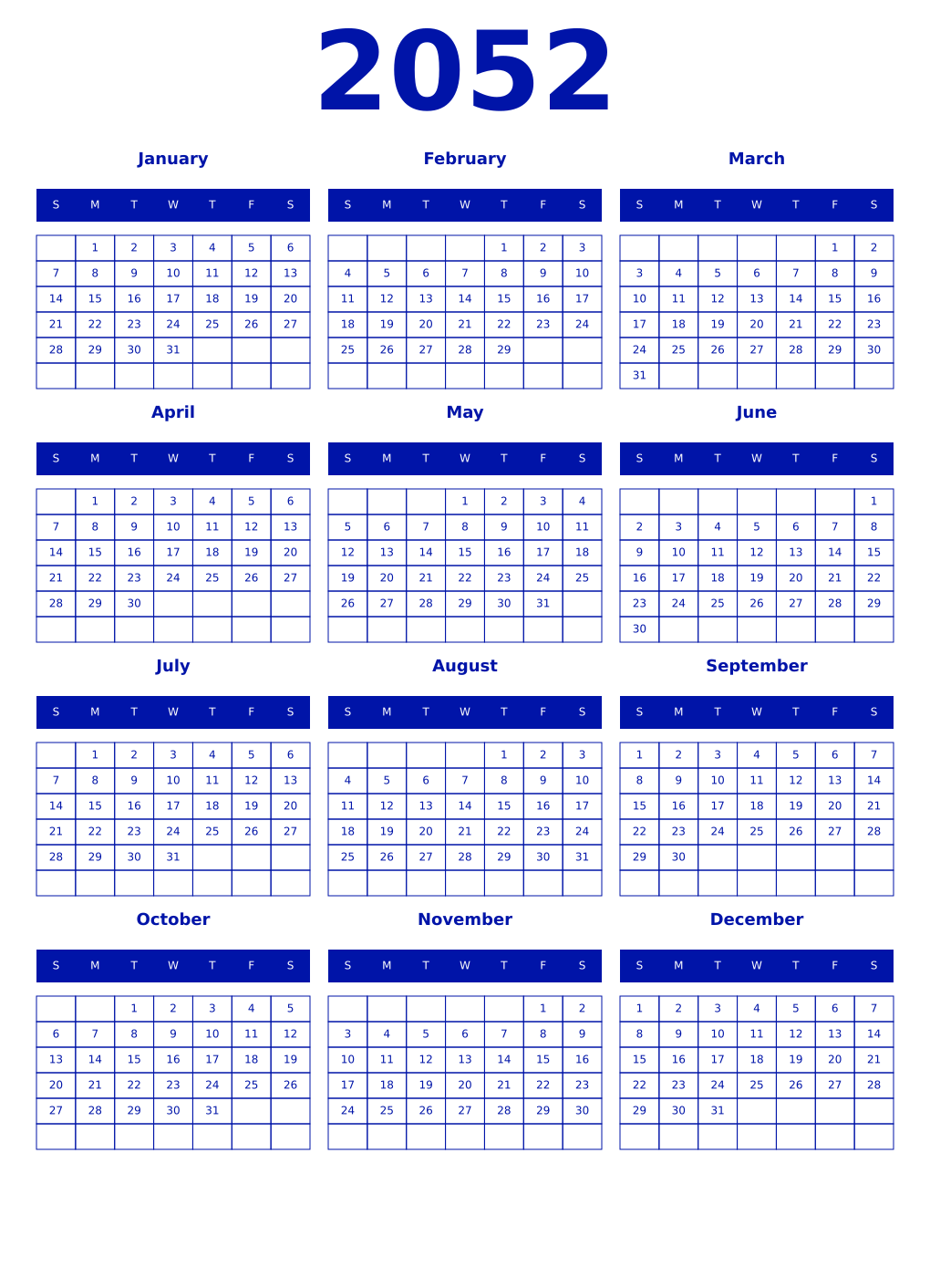 Printable 2052 Year Calendars zaffre