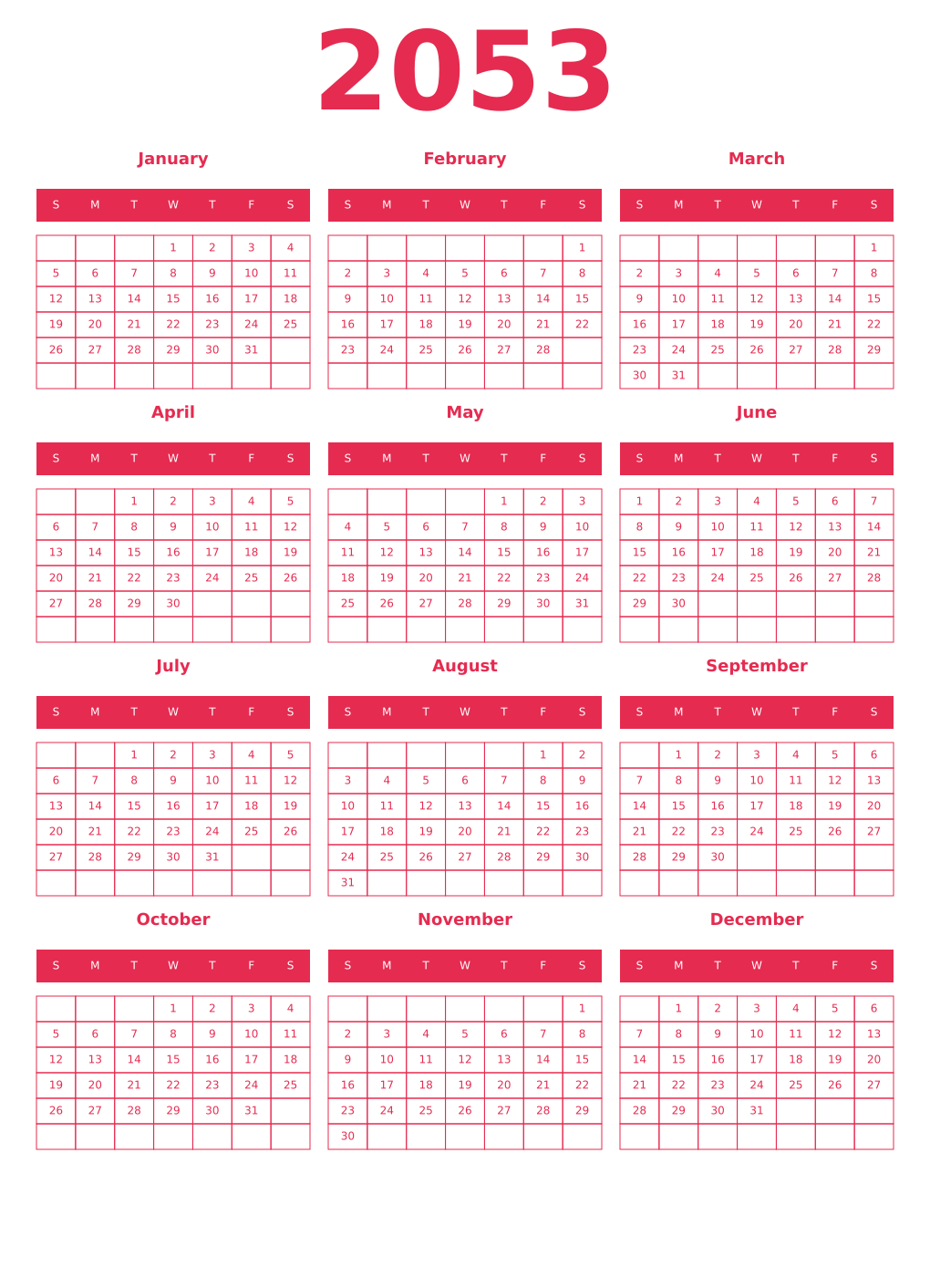 Printable 2053 Year Calendars amaranth