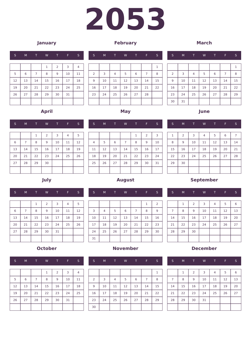 Printable 2053 Year Calendars aubergine