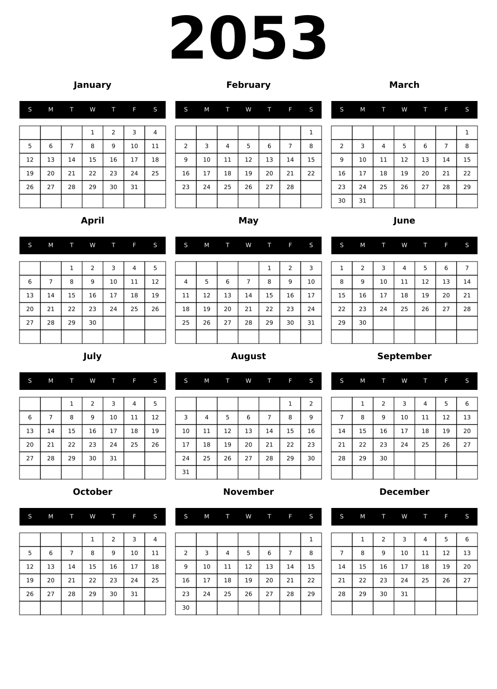 Printable 2053 Year Calendars black